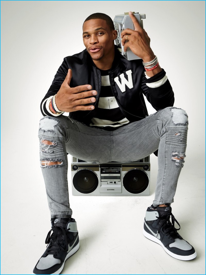 Appearing in GQ's November 2016 cover shoot, Russell Westbrook sports a casual look from Zara with Jordan Brand sneakers.
