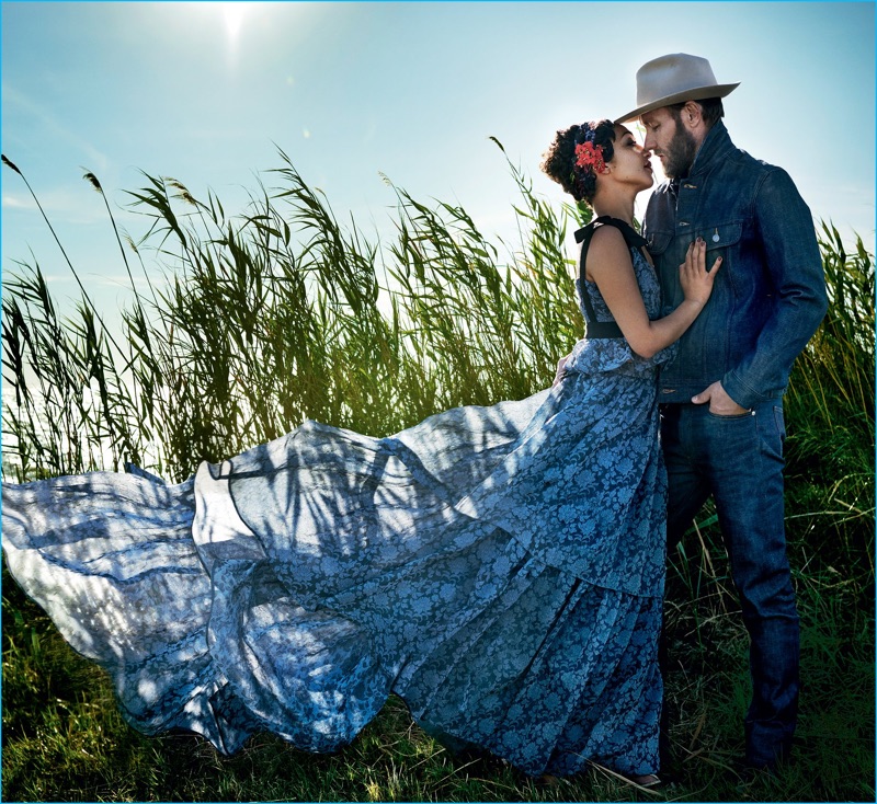 Joel Edgerton sports a double denim ensemble as he embraces Ruth Negga for the pages of Vogue.