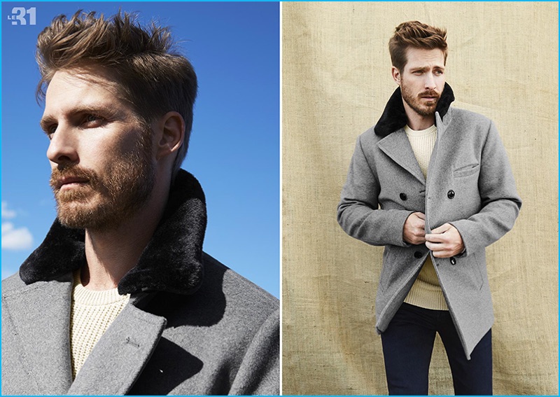 Ryan Burns dons a faux-fur collar peacoat, ribbed sweater, and dark indigo stretch jeans from LE 31.