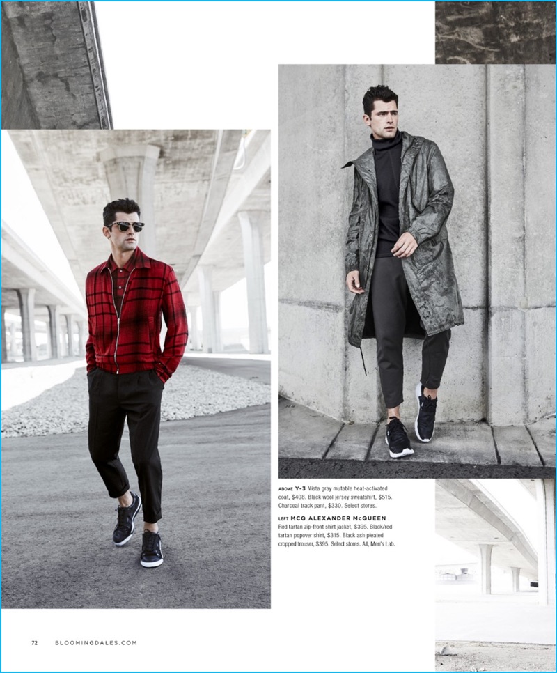 Picture-perfect, Sean O'Pry models looks from Y-3 and McQ Alexander McQueen for Bloomingdale's.