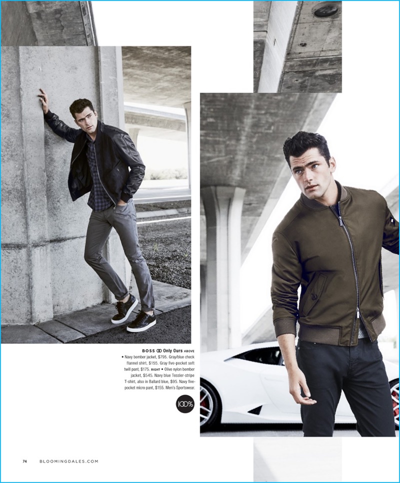 Embracing the trendy bomber jacket, Sean O'Pry sports looks from BOSS Hugo Boss.