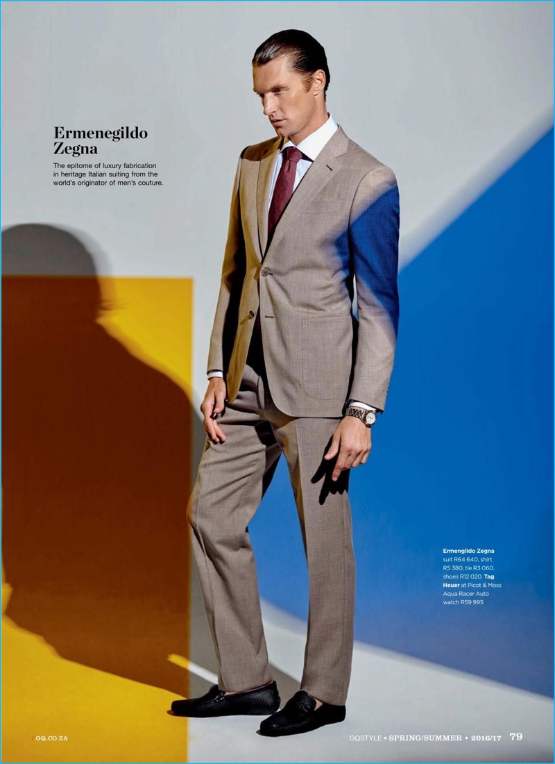 South African model Shaun DeWet wears a neutral suit from Ermenegildo Zegna.