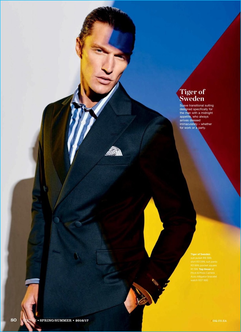 Model Shaun DeWet is front and center in a suit from Tiger of Sweden.