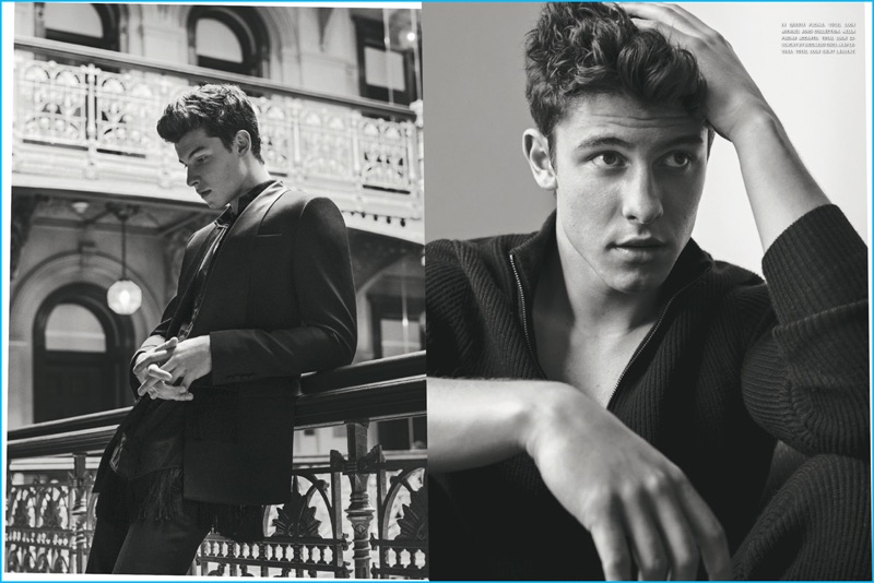 Appearing in a L'Uomo Vogue photo shoot, Shawn Mendes wears Michael Kors and Givenchy.