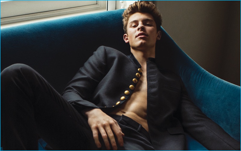 Shawn Mendes graces the pages of L'Uomo Vogue, wearing a fall-winter 2016 look from Saint Laurent.