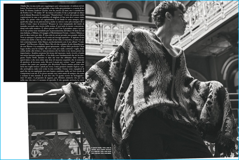 Singer Shawn Mendes tackles a dramatic poncho from Valentino for L'Uomo Vogue.