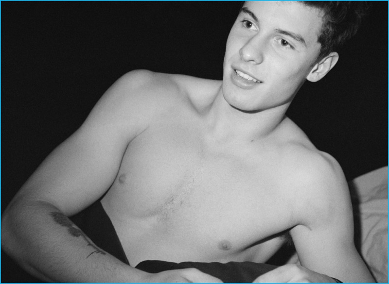 A shirtless Shawn Mendes is pictured on his tour bus for HERO magazine.