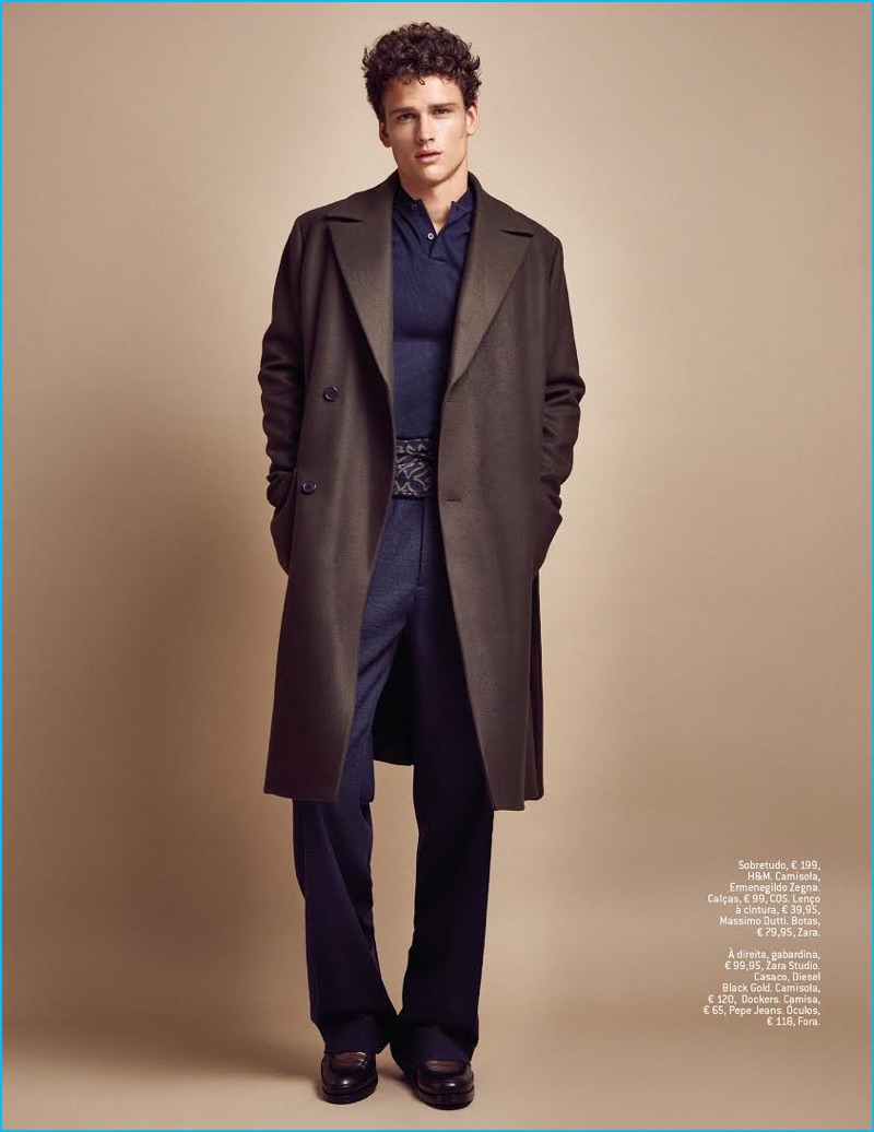 Branislav Simoncik photographs Simon Nessman in a single-breasted H&M coat for GQ Portugal.