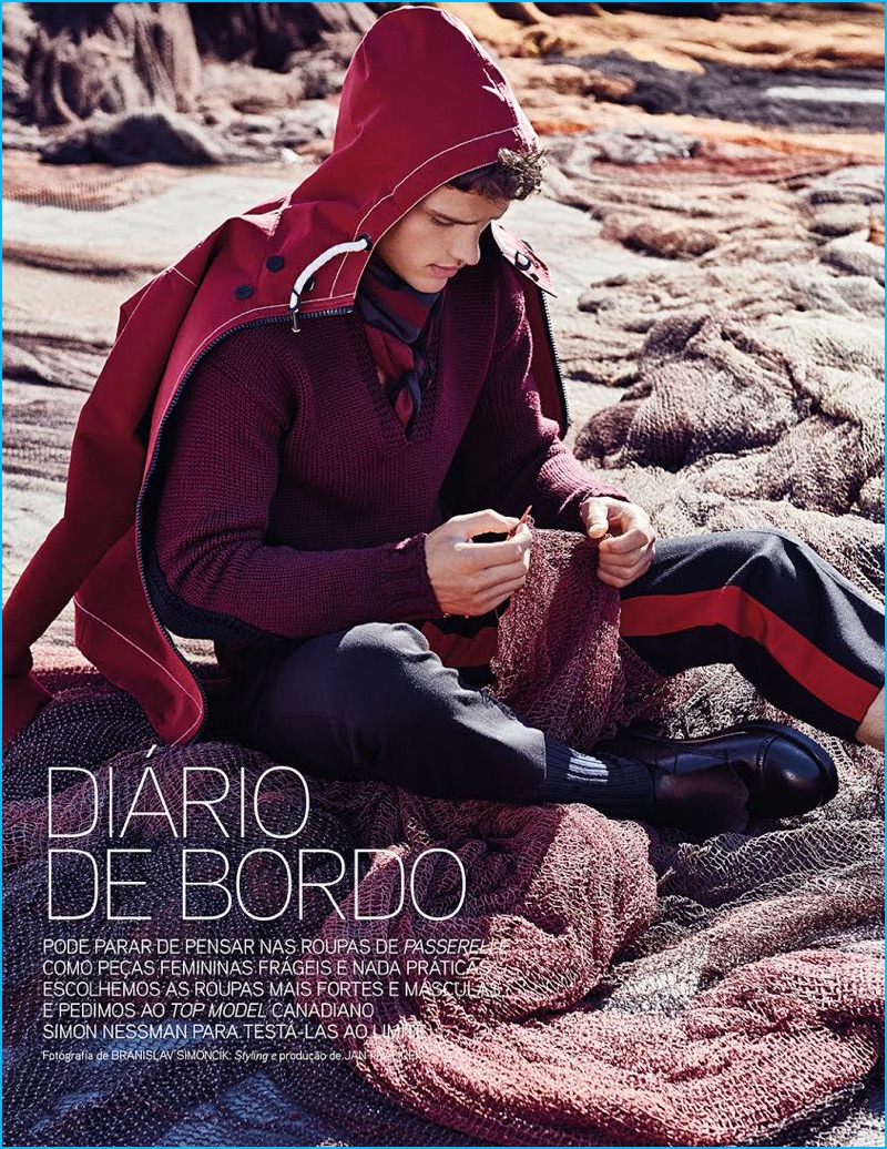Starring in a fashion editorial for GQ Portugal, Simon Nessman wears a Tommy Hilfiger jacket with fashions from Prada and Hermes.