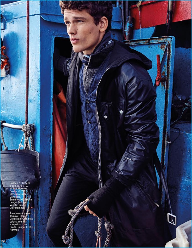 A vision in navy, Simon Nessman layers in fall fashions from Hermes, Massimo Dutti, Ermenegildo Zegna, Bottega Veneta, and Dior Homme for GQ Portugal.