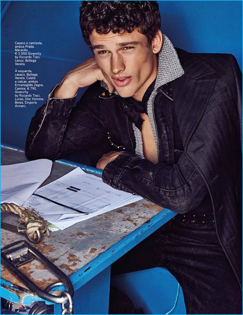 Charming in denim, Simon Nessman sports Prada, Givenchy, and Bottega Veneta for GQ Portugal.