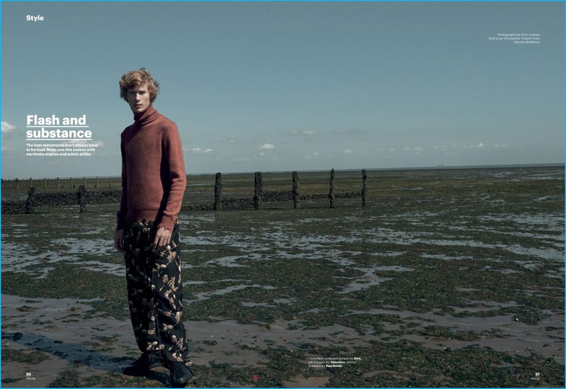 Sven de Vries pictured in a distressed turtleneck sweater from Etro with silk printed Valentino trousers, and black Paul Smith sneakers for Esquire Singapore.