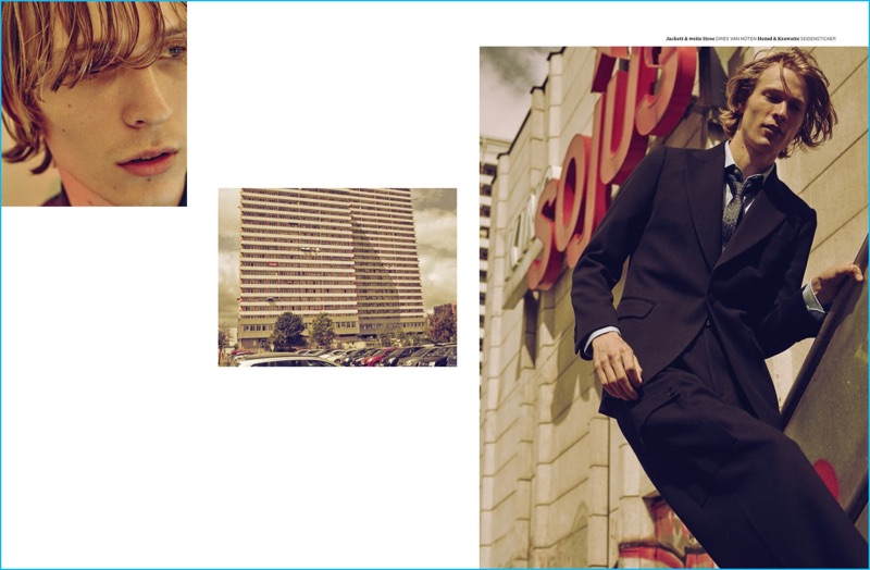 Appearing in an editorial for L'Officiel Hommes, Sven de Vries wears a Dries Van Noten suit.