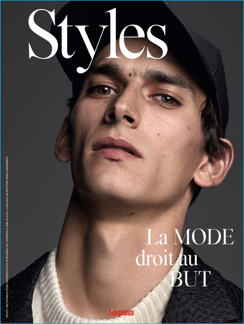 Model Thibaud Charon appears in a fashion editorial for L'Express Styles.