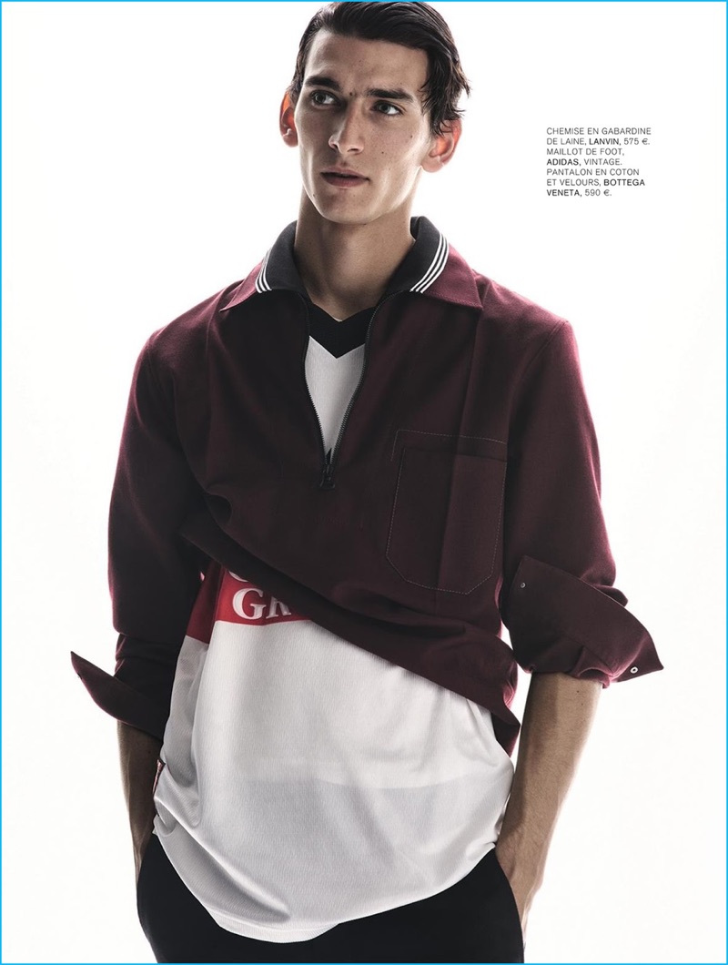 Front and center in a Lanvin pullover, Thibaud Charon stars in an editorial for L'Express Styles.