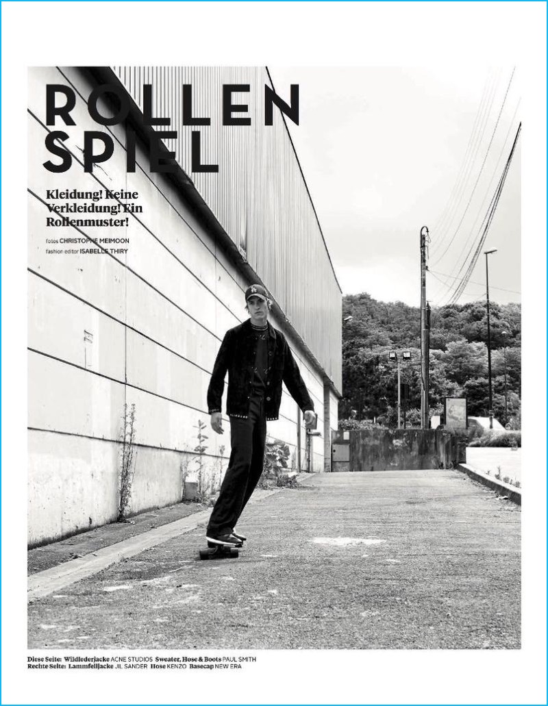 Tim Dibble is pictured skateboarding in an Acne Studios jacket with a sweater, pants, and boots from Paul Smith for L'Officiel Hommes Germany.