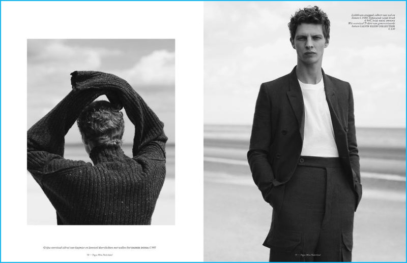 Model Tim Schuhmacher heads to the beach with Vogue Man Netherlands. The top model sports menswear from Damir Doma, Rick Owens, and Calvin Klein Collection.