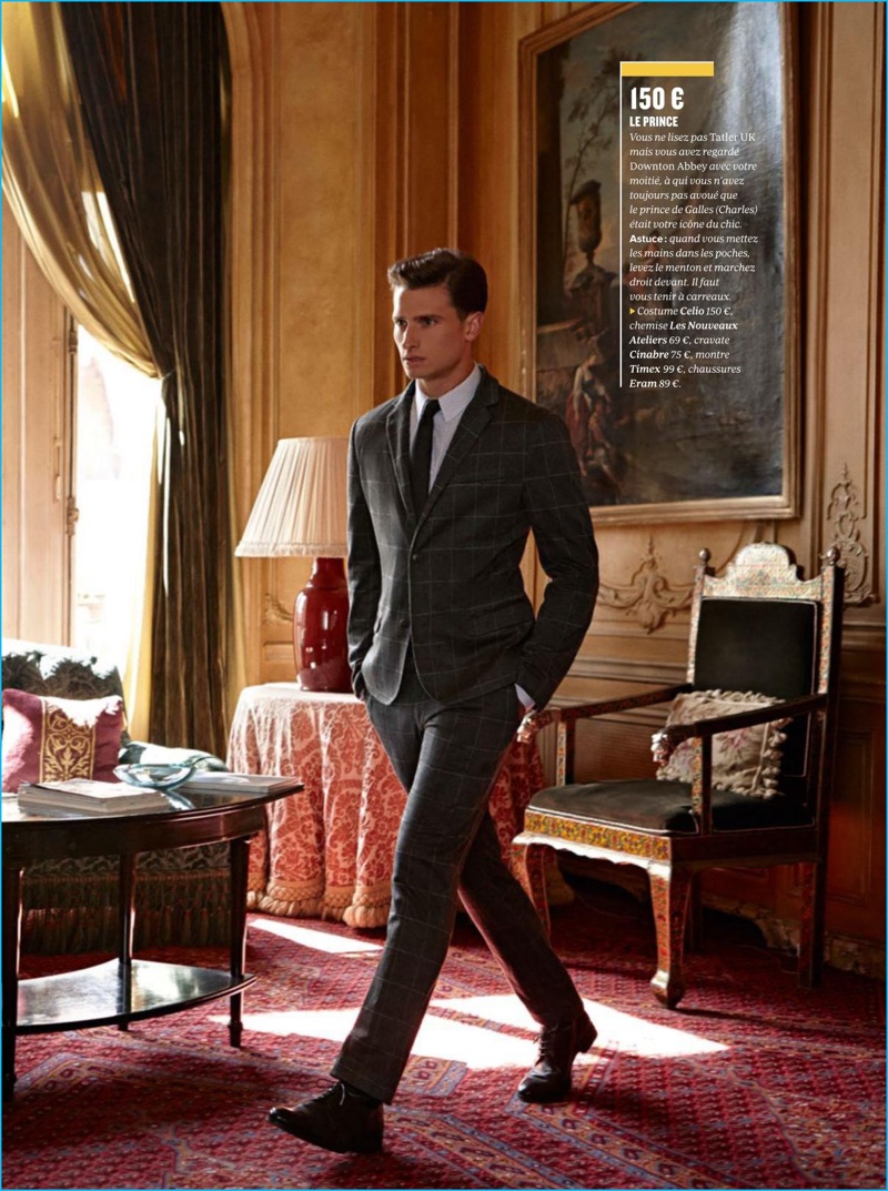 Tom Warren dons a windowpane suit from Celio with a Les Nouveaux Ateliers shirt for GQ France.