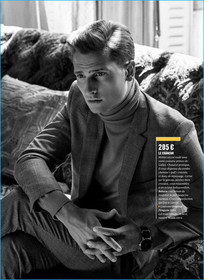 Tom Warren is a smart vision in an Original Penguin suit with a Uniqlo turtleneck for GQ France.