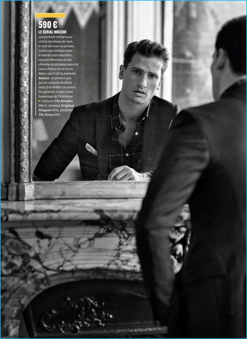 Tom Warren models a suit from The Kooples with an Original Penguin shirt for GQ France.