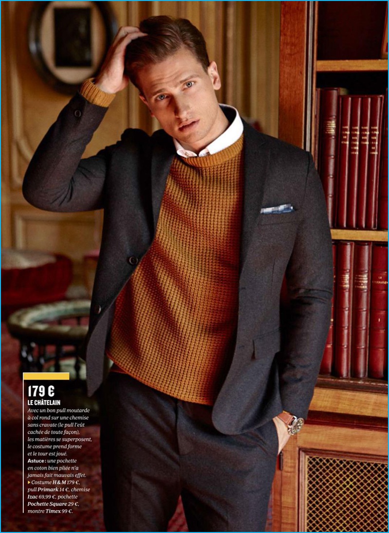 Tom Warren dons a H&M suit with a Primark sweater and Izac shirt for GQ France.