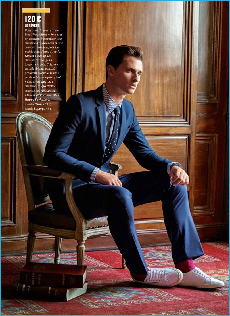 Tom Warren pictured in a Jules suit with a Uniqlo shirt for GQ France.