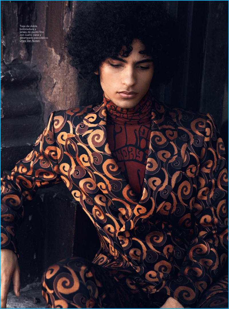 Emilio G. Hernandex photographs Tre Samuels in a decadent suit and graphic turtleneck from Dries Van Noten.