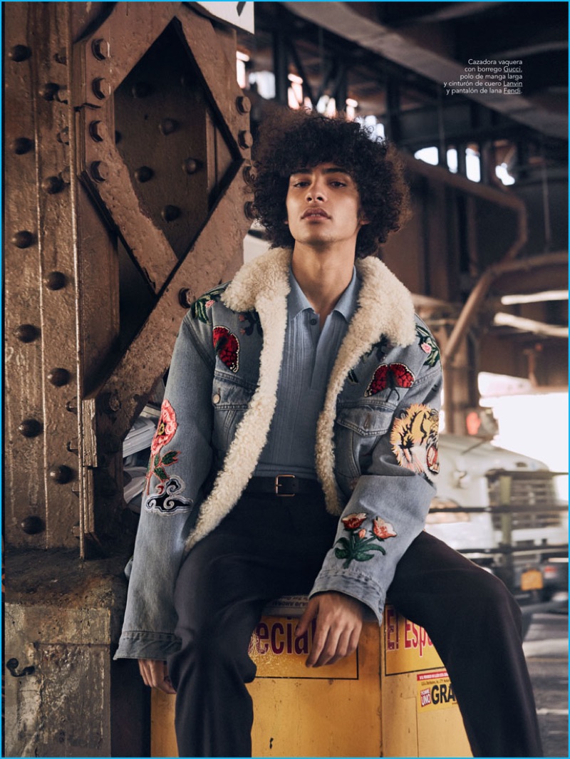 Venturing to Harlem for GQ España, Tre Samuels dons a Gucci denim jacket with Fendi trousers, and a Lanvin polo.