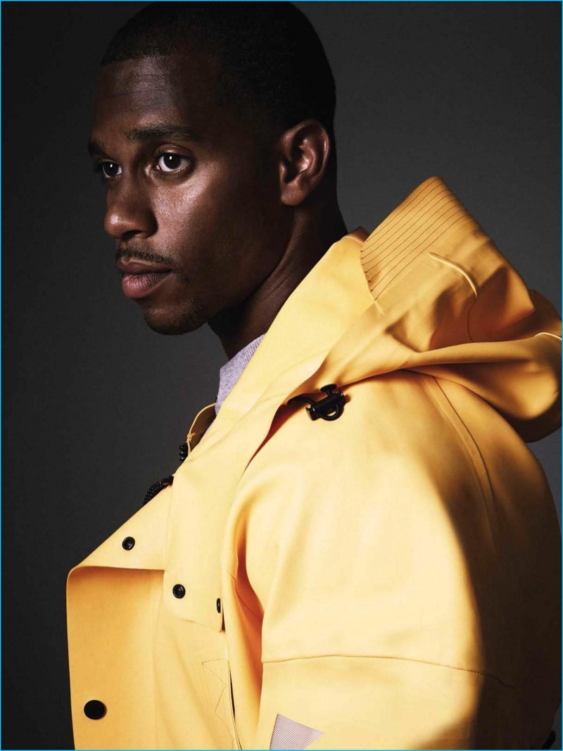 Victor Cruz makes a bold yellow statement in Moncler O for GQ España.