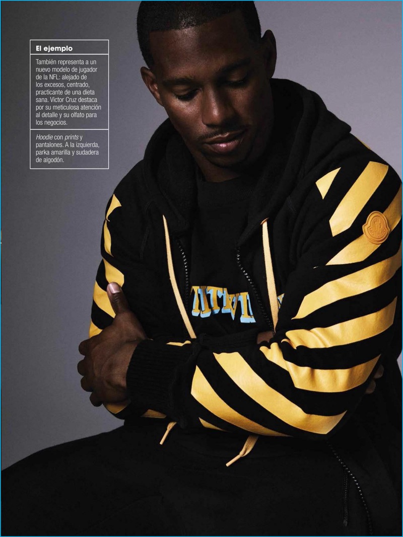 Victor Cruz dons a black and yellow ensemble from Moncler O for GQ España.