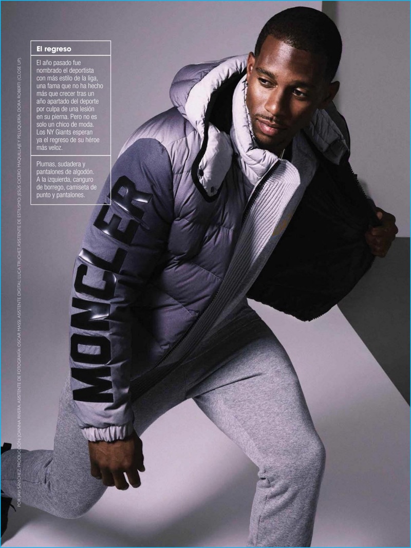 Wearing Moncler O, Victor Cruz strikes a pose for the pages of GQ España.
