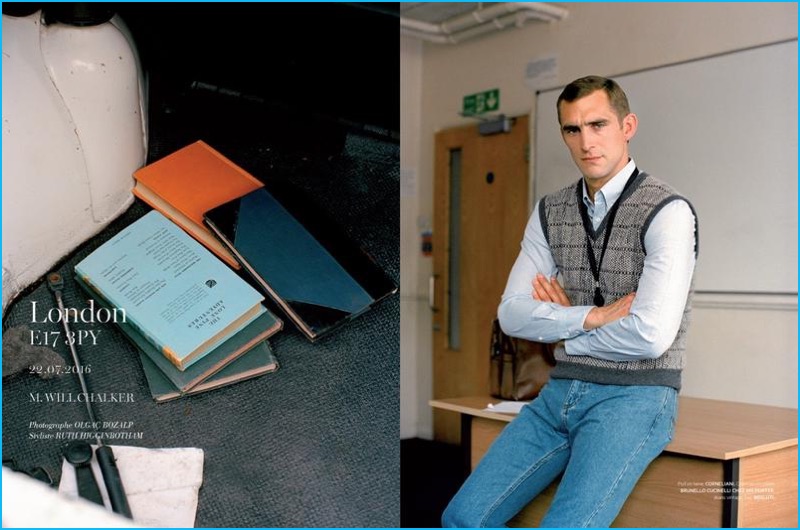 Will Chalker channels classic style in a sweater vest, shirt and denim jeans for L'Officiel Hommes.