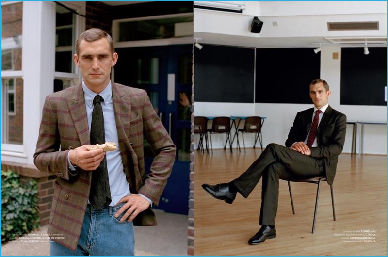 English model Will Chalker models fashions from Turnbull, Brunello Cucinelli, and other brands for L'Officiel Hommes.