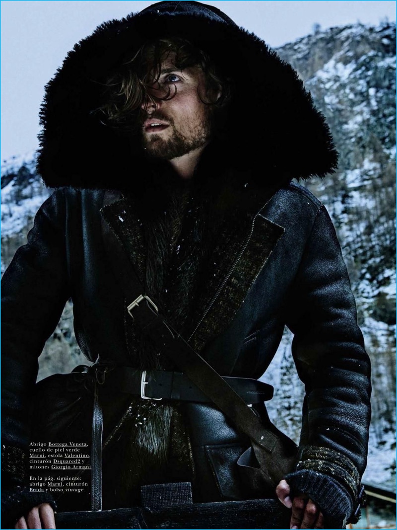 Model Wouter Peelen sports a belted Bottega Veneta coat for the pages of GQ España.