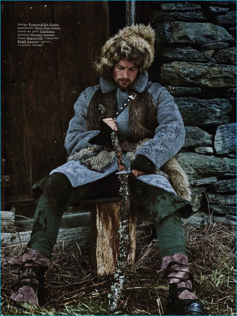 Embracing rugged style, Wouter Peelen wears an Ermenegildo Zegna coat with Dries Van Noten pants, a Valentino fur scarf, Giorgio Armani gloves, and Dsquared2 boots.