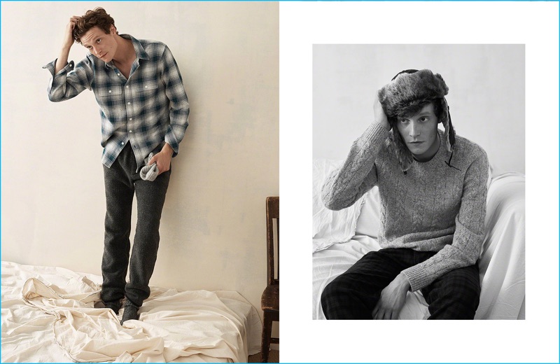 Abercrombie & Fitch enlists Matthew Hitt to model seasonal staples that range from a flannel plaid shirt and cable-knit sweater to a fur trappers hat.