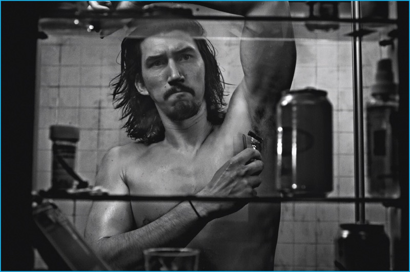 Starring in a grungy photo shoot, Adam Driver shaves his arm pits for the pages of Interview magazine.