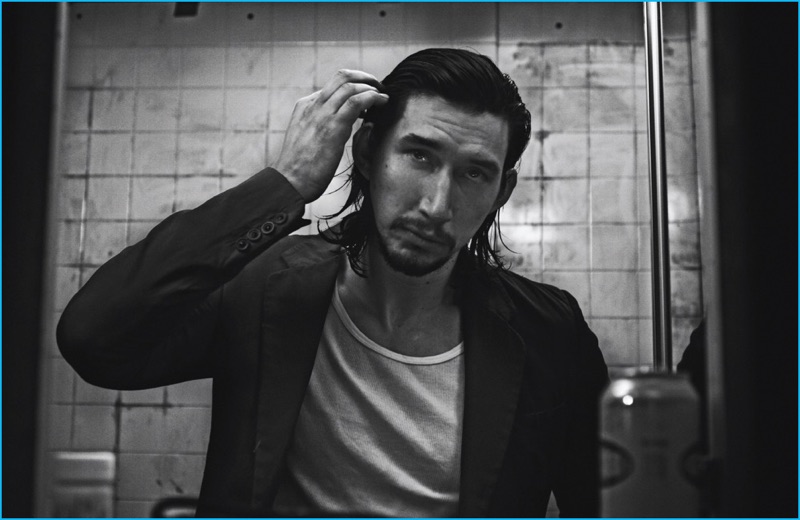 Karl Templer outfits Adam Driver in a Calvin Klein wife beater with an Emporio Armani jacket.