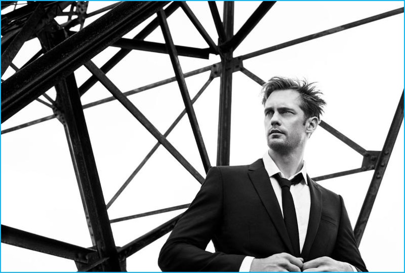 Actor Alexander Skarsgård dons classic suiting for a shoot from Dior magazine.