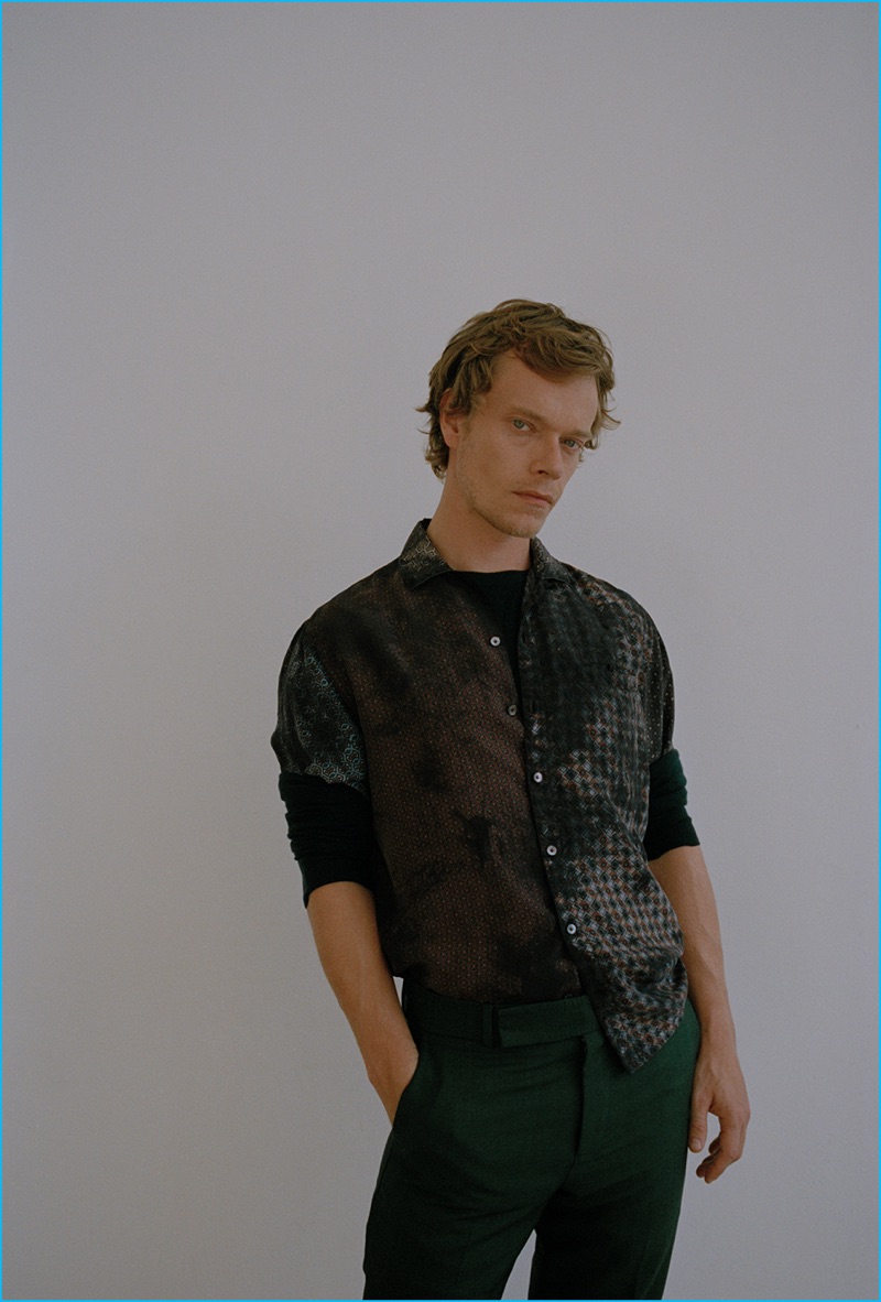 Olgaç Bozalp photographs Alfie Allen in a Lanvin shirt with a Nicole Farhi sweater and Paul Smith trousers.