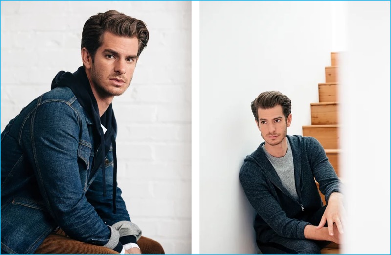 Left: Andrew Garfield sports a Tom Ford slim-fit selvedge denim jacket, John Smedley merino wool zip-up hoodie, and Sunspel t-shirt with Ami slim-fit corduroy trousers. Right: Garfield wears a Polo Ralph Lauren waffle-knit merino wool zip-up hoodie, Officine Generale mélange cotton t-shirt, and Neil Barrett striped checked trousers.