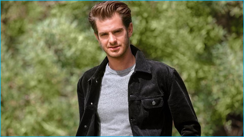 Actor Andrew Garfield steps outdoors in an A.P.C. slim-fit corduroy jacket with an Officine Generale mélange cotton t-shirt.