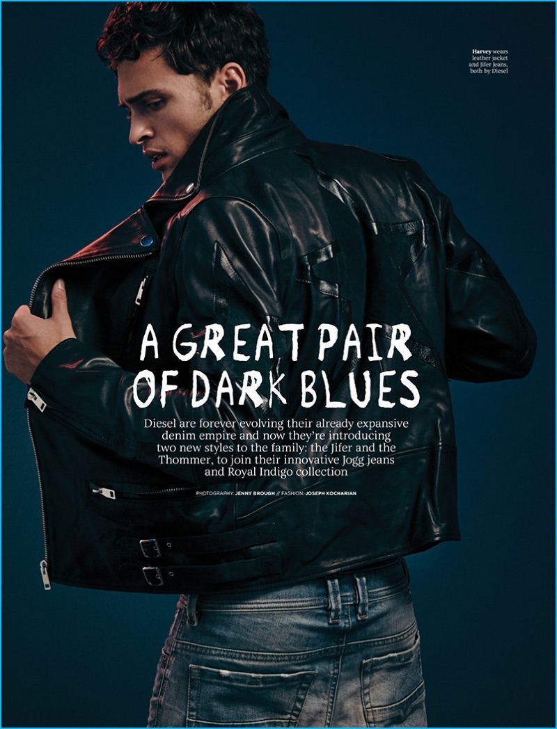 Harvey Haydon wears a leather biker jacket and distressed denim jeans by Diesel.