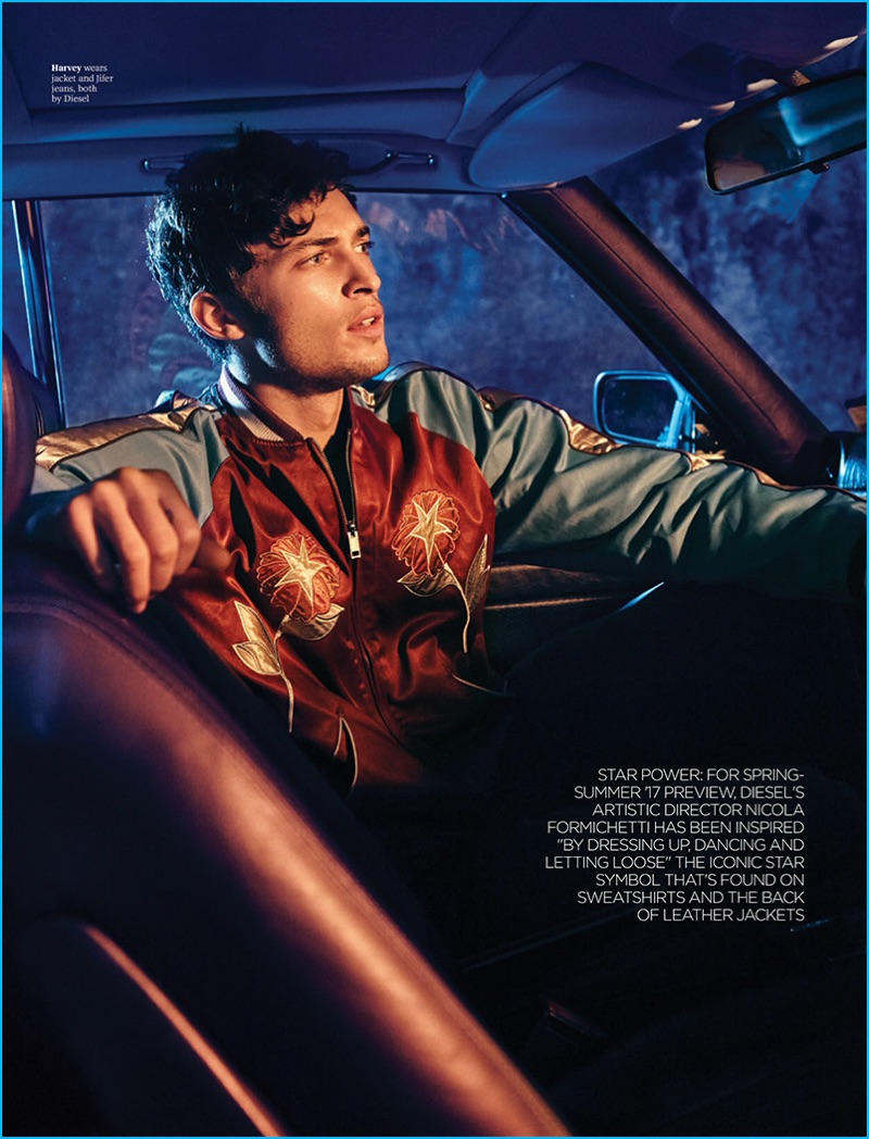 Harvey Haydon sports a bomber jacket from Diesel for the pages of Attitude magazine.