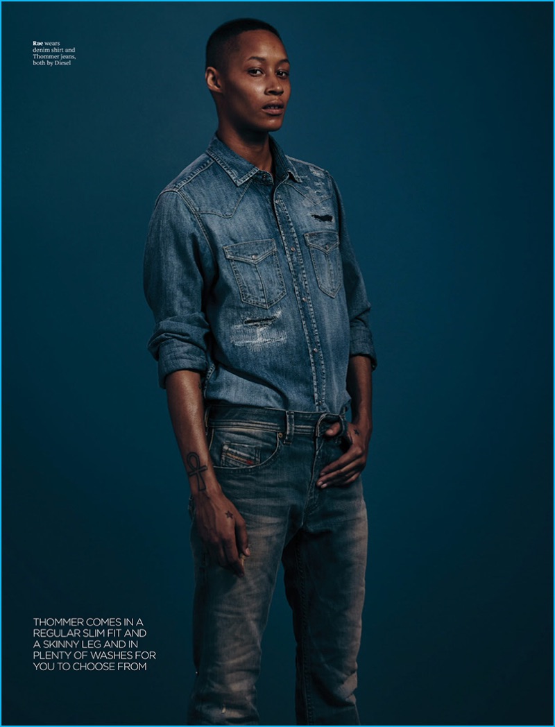 Rae doubles down on denim separates from Diesel for Attitude magazine.