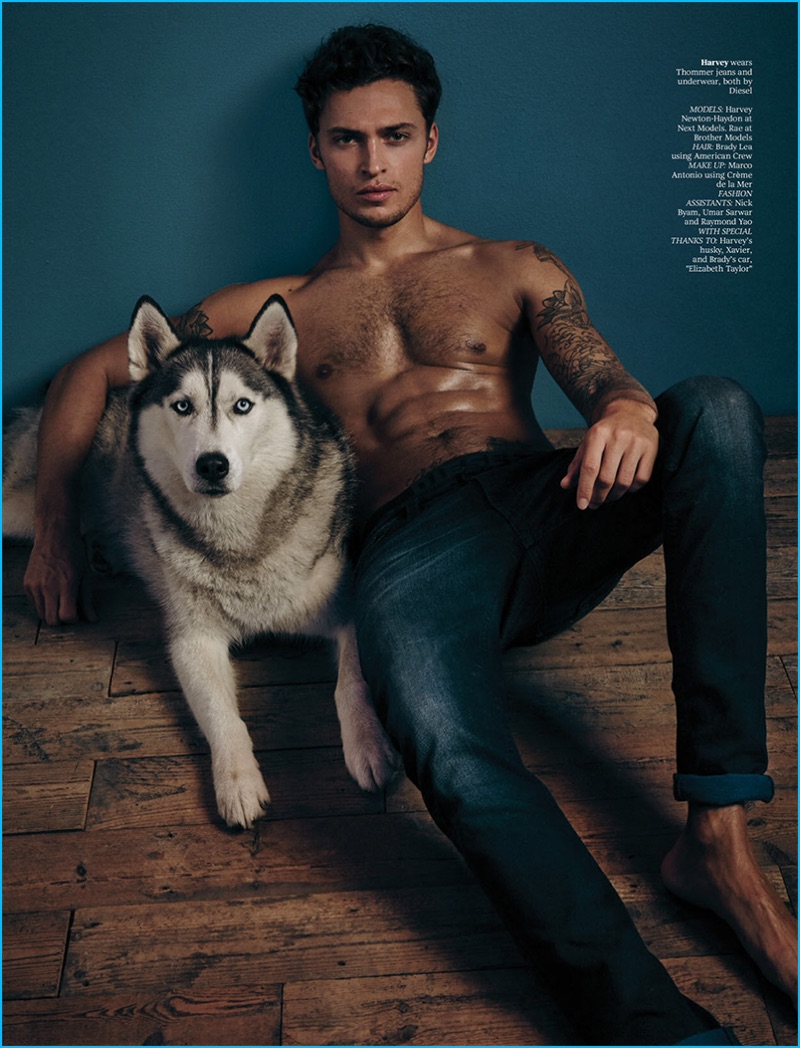 English model Harvey Haydon poses with his dog Xavier for Attitude magazine.