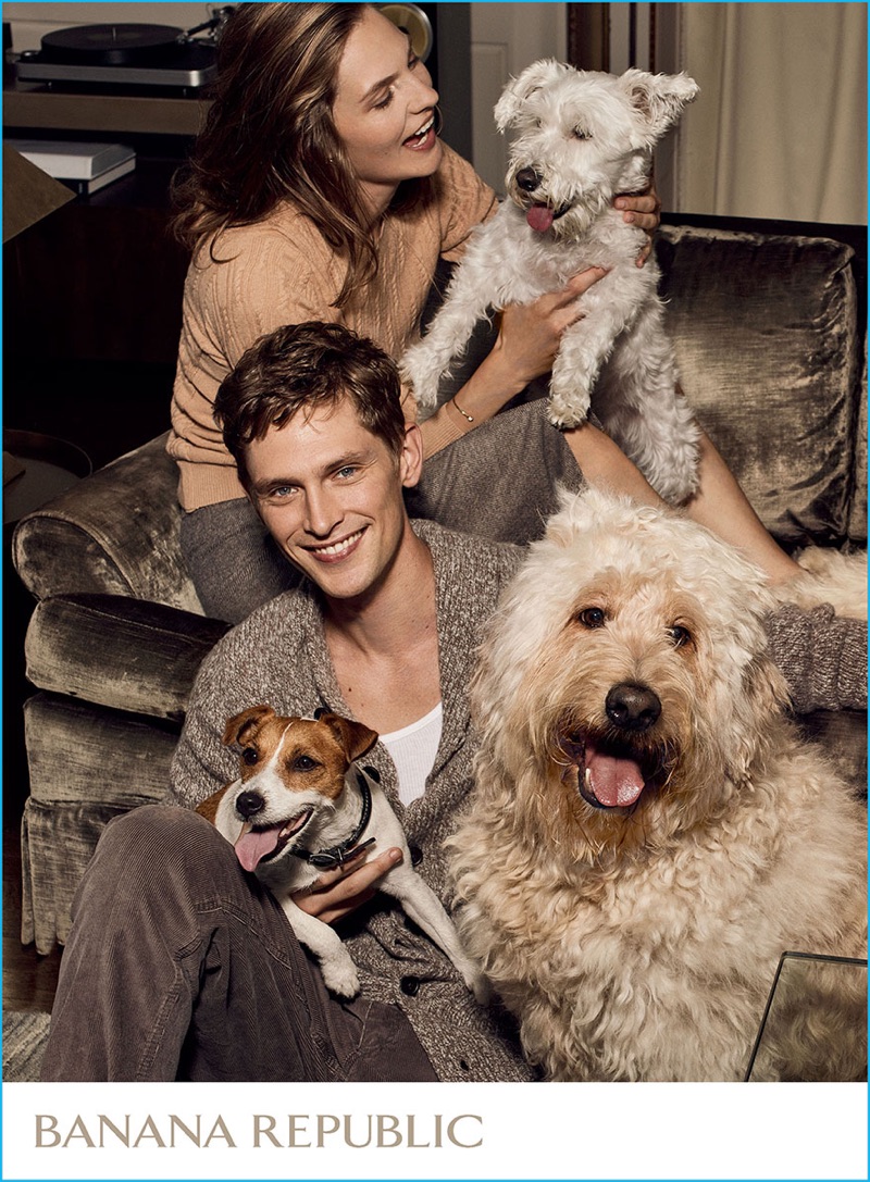 Danish model Mathias Lauridsen is all smiles for Banana Republic's holiday 2016 campaign.