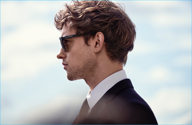 Josh Whitehouse delivers a profile shot for a behind the scenes image from his Mr. Burberry eyewear campaign.