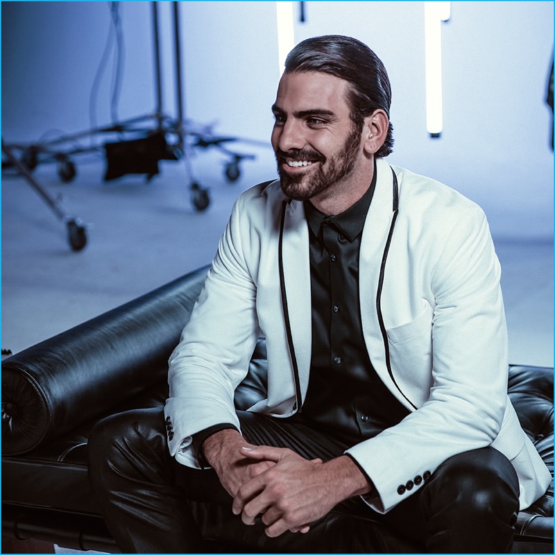 Nyle DiMarco is all smiles behind the scenes of his INC International Concepts photo shoot.