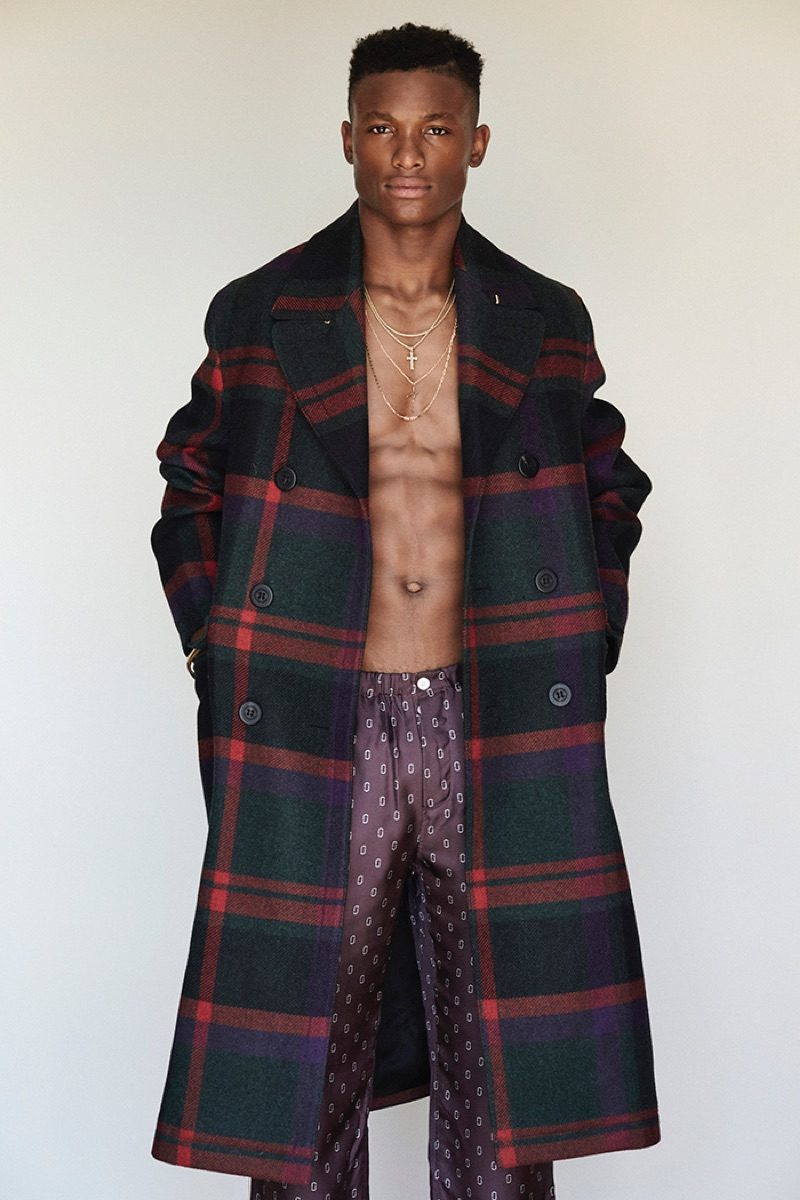 Javon Drake styles Brandon Harris in a check double-breasted coat by Burberry.